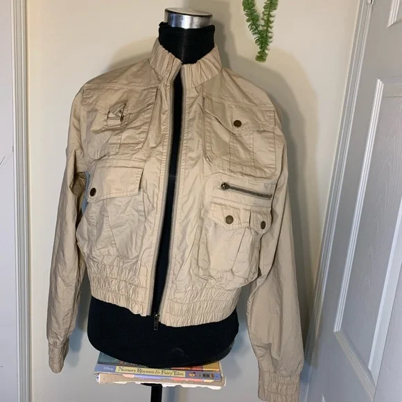 Vintage 725 Beige Bomber Utility Cropped Jacket Size Large - Picture 6 of 16